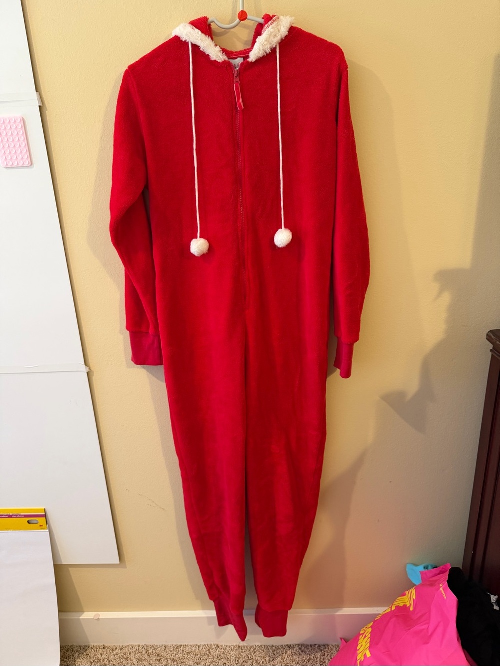 Cozy Red Hooded Fleece One-Piece Pajama with Pom-Tie Hood